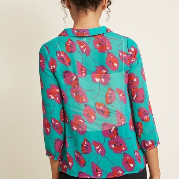 ModCloth • Jade Floral poppy print Peter Pan collar blouse chiffon bow tie neck - Picture 11 of 11